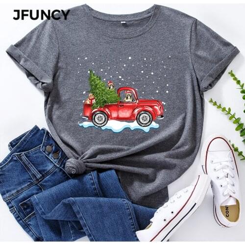 JFUNCY Women Cotton Tops Christmas Dog Drive Car Cartoon Print T-shirt Female T Shirt Women Plus Size Short Sleeve Graphic Tees