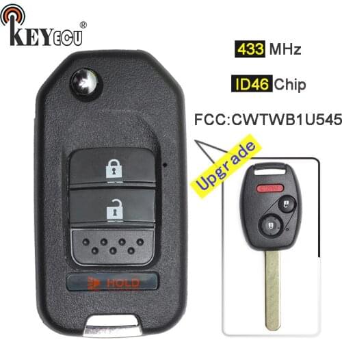 KEYECU 433MHz ID46 Chip FCC: CWTWB1U545 Upgraded Flip Folding 2+1 3 Button Remote Key Fob for Honda Pilot 2005-2008