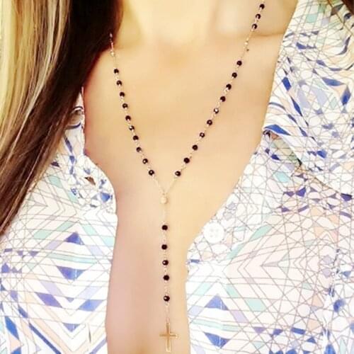 Classic rice beads crystal cross long necklace girls ladies jewelry ladies gifts