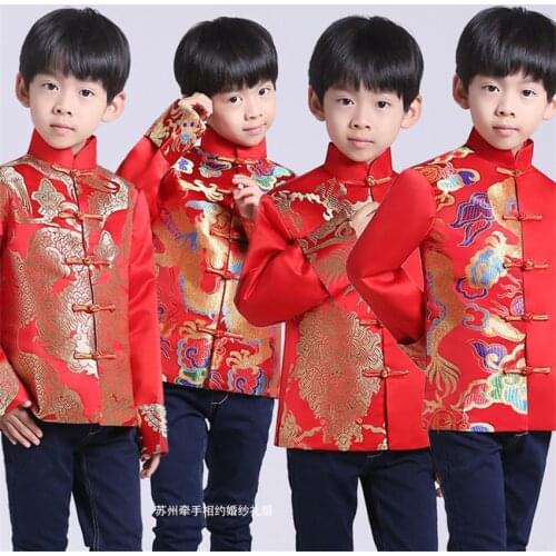 Tang Suit Red Traditional Chinese Clothing for Men Kids Boy Hanfu Top Dragon Print Vintage Satin Kungfu Chinese Party Stage