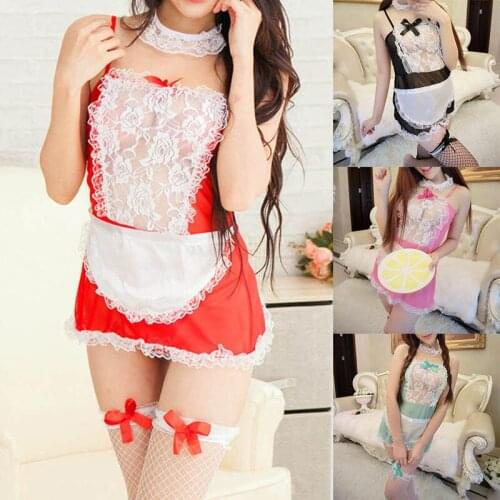 Hot Women Cosplay Costume Maid Role Play Uniform See-through Lace Dress sy998