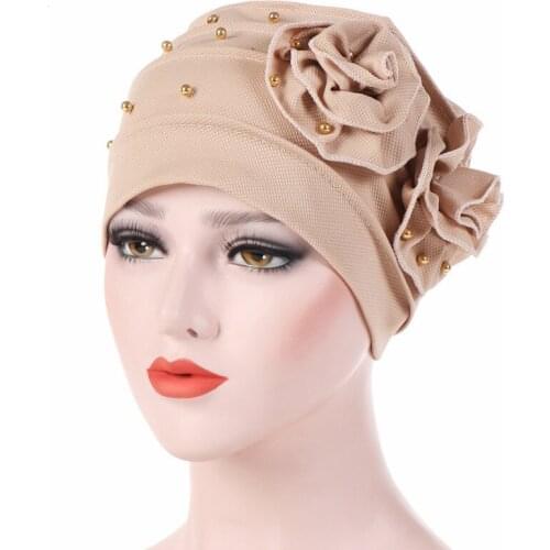 Fashion Pearls Beading Two Flowers Type Muslim Turban Bonnet Hair Loss Cap Muslim Hijabs Headwear Hair Accessories