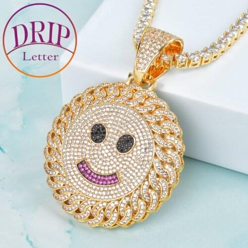 Smiley Face Pendant Gold Color Plated Hip Hop Cubic Zircon Mens Necklace Chain Rock Jewelry