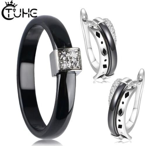 Ceramic Wedding Jewelry Sets For Women Black White Ceramic Stud Earrings Ceramic Rings Sets Wedding Jewelry Gift