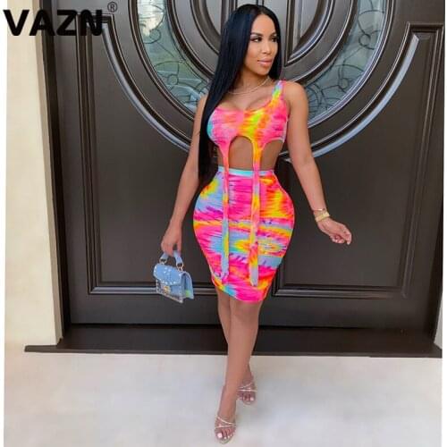 VAZN 2020 New Special Open Sexy Club Sweet Hollow Out Asymmetric Top High Waist Pencil Midi Skirts Skinny Women 2 Piece Set