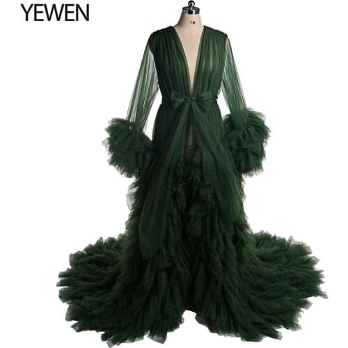 Full Sleeve Olive Green Evening Dress V Neck Prom Gown for Photoshoot or Babyshower 2021 Bridal Gown YEWEN