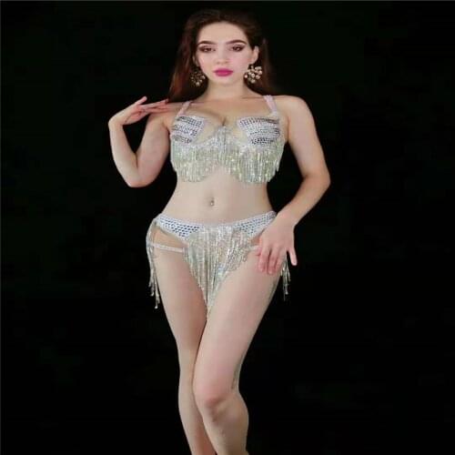 Sexy Shinning Silver Rhinestones Bikini Costume Tassel Party Female Singer Outfit Bar Stage Dancewear Pole Dancing Costume