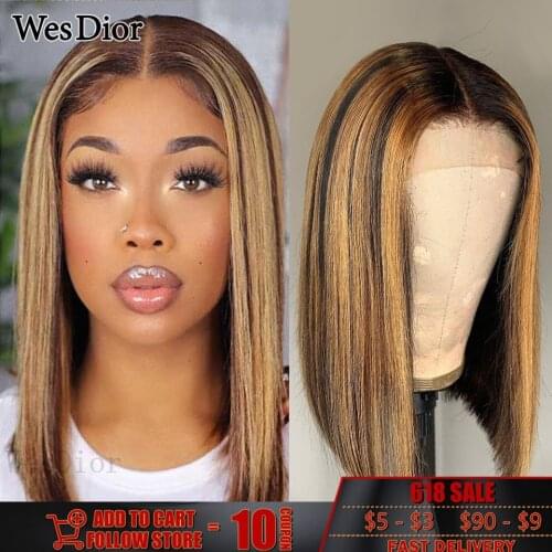 Straight Short Bob Wig 4x4 Brazilian Honey Brown Highlight Lace Wigs For Women 13x1 T Part Lace Human Hair Wigs Remy Density 180