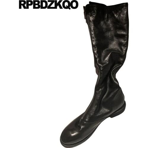 Front Zipper Shoes Plus Size Knee High Black Vintage Tall Chunky 10 Big Crossdresser Brand Women Winter Boots Genuine Leather