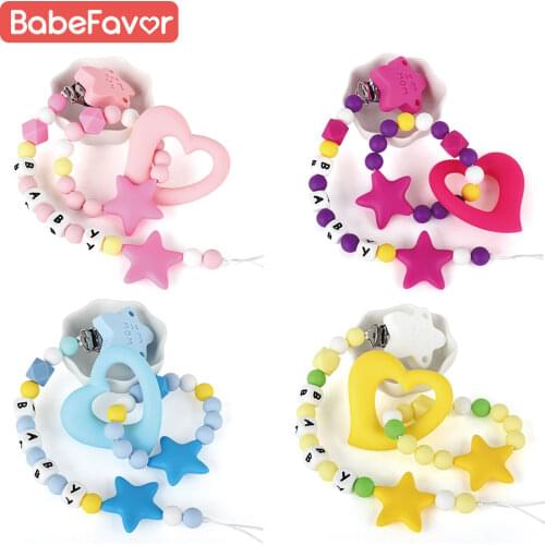 Silicone Pacifier Clip Chain Baby Toys Personalised Name Star Heart Rodent Teething Holder Ring 0-12 Months Newborn Soother Gift