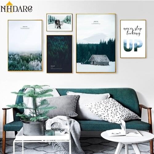 Nordic Winter Snow Milu Deer Forest UP Quote Landscape Canvas Print Painting Poster Art Wall Pictures for Living Room Home Decor