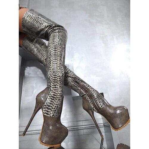 Botas feminina sexy platform shoes thigh high over the knee boots python skin crotch red leather rain botines extreme high heel