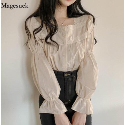 Vintage Puff Sleeve Tops Lace Blouse Shirts Women Square Collar Loose Women Shirt Tops Solid Casual Female Shirts Blusas 11200