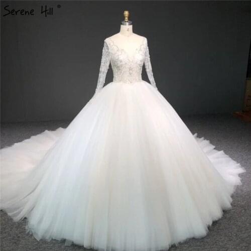 High-end Ivory Long Sleeves Sexy Wedding Dresses 2020 O-Neck Beading Sequins Bridal Gowns HA2338 Custom Made