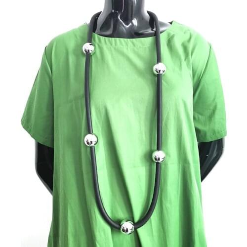 YD&YDBZ Silver Color Bead Long Statement Necklace For Women Punk Style Black Rubber Rope Necklaces Womens Clothes Jewellery