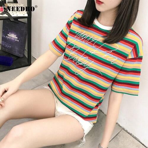 NEEDBO Oversize T Shirt Woment Rainbow Striped Casual t-shirt Women O-neck Short Sleeve Ladies Punk Camiseta tshirt Women Top