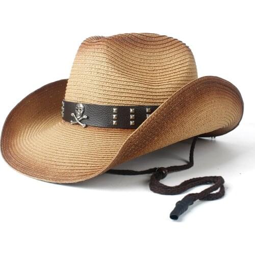 Retro Women Men Hollow Western Cowboy Hat Lady Summer Straw PunK Sombrero Hombre Beach Cowgirl Jazz Sun Hat Size 57-59CM