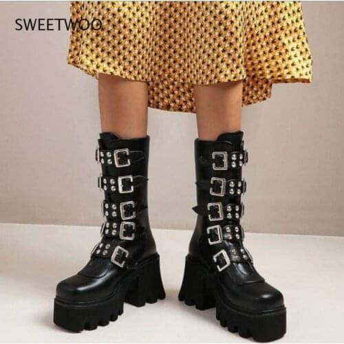 Winter Gothic Punk Womens Platform Boots Black Buckle Strap zipper Creeper Wedges Shoes Mid Calf Military Combat Boots
