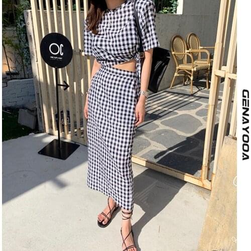 Genayooa Summer Women Two Piece Suits Short Sleeve Plaid Two Pieces Set Tops And Skirt Higt Wasit Korean Style Skirt Suits 2021