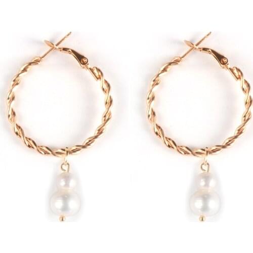 Women Natural Freshwater Pearls Dangled Earrings White Pink Purple Baroque Pearl Rose Gold Copper Twisted Earring Hoop Jewelry