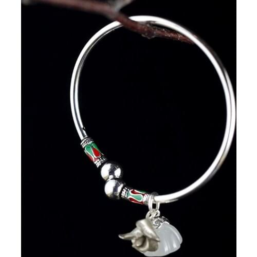 Ethnic handmade cloisonne Bracelet Bangle For Women,925 Pure Silver Natural Jade With Accessorise Adjustbale Fine Jewelry