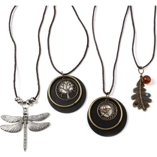Vintage Wood Metal Sweater Necklace Long Antique Bronze Round Dragonfly Star Pendants Women Men Rope Chains Necklace Jewelry,1PC