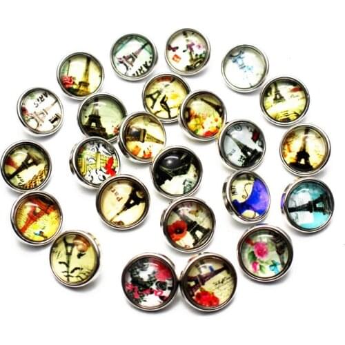 10pcs/lot Colorful Eiffel Tower Snap Buttons 12mm Print Small Glass Snap Charms Fit Children DIY Snap Bracelet Bangles Jewelry