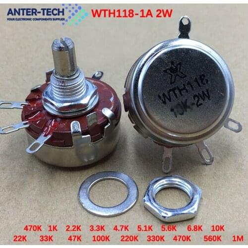 2pcs WTH118 2W 1A Potentiometer 470R 1K 2.2K 4.7K 5.1K 10K 22K 47K 100K 470K 1M Round Shaft Carbon Rotary Taper Potentiometer