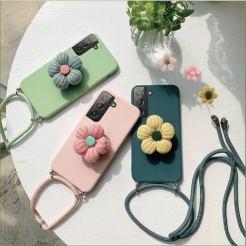 3D Flower Plush Stand holder Cute phone Case for samsung s21 ultra a12 a42 s20 fe note 20 Necklace Lanyard Shoulder Strap Cover