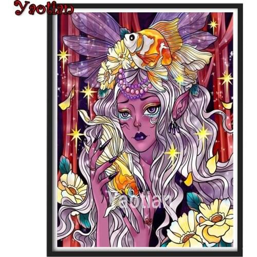 5D DIY Diamond Painting Cartoon Elf Girl Goldfish Rhinestone Picture Diamond Embroidery Mosaic Art Cross Stitch Kit Home Decor