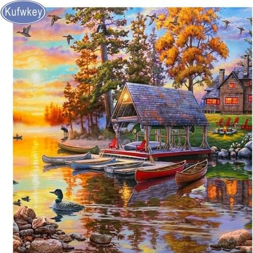 DIY Diamond Embroidery Lake landscape 5D Diamond Painting autumn Cross Stitch Mosaic Pattern Full square Rhinestone Home Decor
