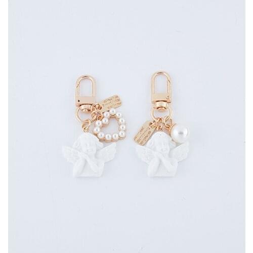 Angel Keychain Imitation Pearl Heart Resin Keyring Bag Pendant Key Ring Gift