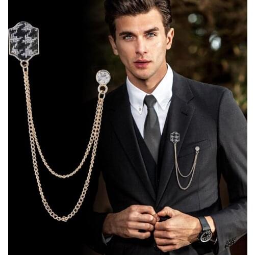 New Vintage Crystal Rhinestone Brooch Pin Tassel Chain Lapel Pin and Brooches Suit Cardigan Corsage for Men Clothing Accessories