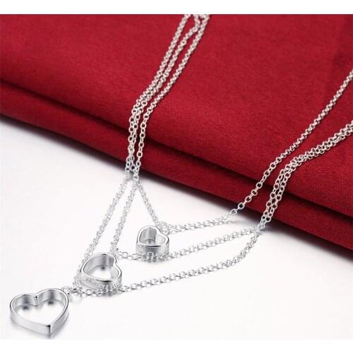 925 Sterling Silver Three Chain Heart Pendant Necklace For Women Charm Wedding Engagement Party Fashion Jewelry Gift