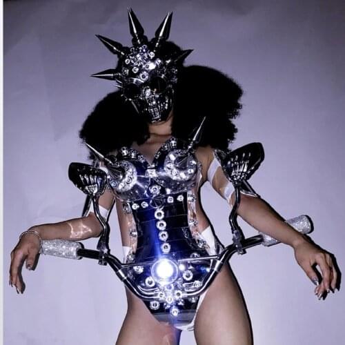 Future technology Nightclub GOGO female DS gold mirror LED light spiked armor party performance girl space Stage dance costume