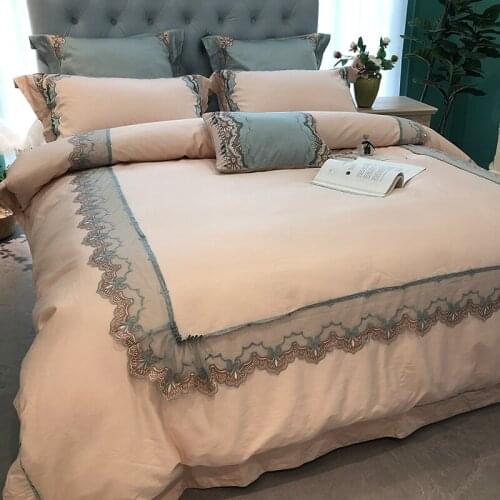 Perfect Embroidered Flower 80S Egyptian Cotton Bedding set Queen King Pastoral Duvet cover Bed sheet set Pillowcases Lace khaki