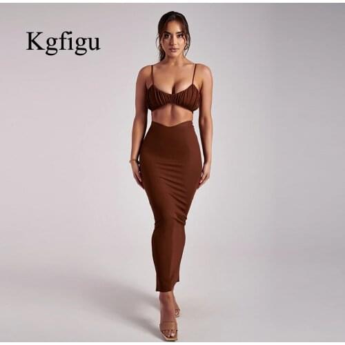 KGFIGU Two Piece Sets Women 2021 Summer Fashion Short Suspender Top And Long Skirt Comfortable And Elegant Skirts Suits