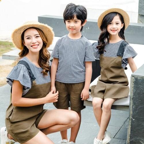 2pcs children clothing sets family matching outfits striped shirts+overalls mommy and me clothes mother daughter match clothes