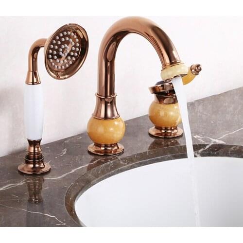 Basin Faucet Rose Gold Brass and Jade 3 Hole Bathtub Faucet Bathroom Shower Faucet Bath Shower Bath Sink Faucet Water Mixer Taps