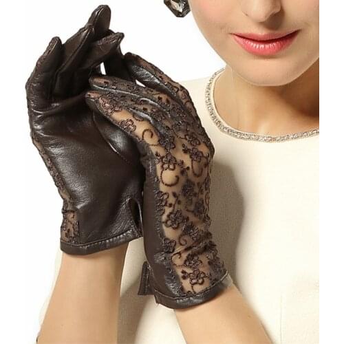 Lace Sheepskin Gloves Female Fashion Elegant Sunscreen Lace Gloves Genuine Leather Driving Unlined L023N2-1