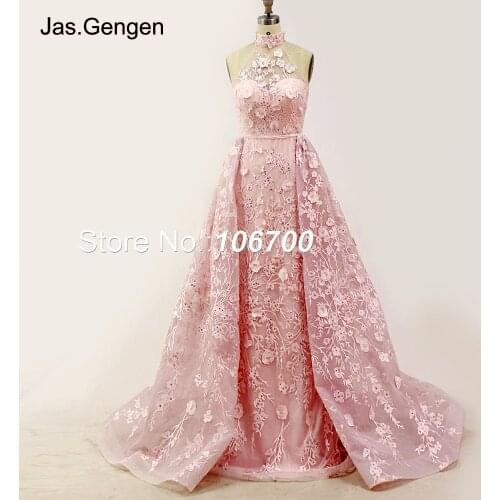 New Two Piece Detachable Tail Evening Dresses Illusion Halter Embroidery Lace Keyhole Back Crystal Stone Prom Grom 948a