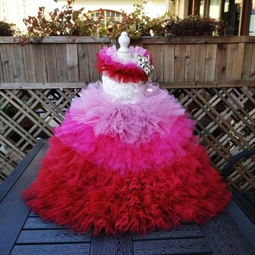 Free Shipping Handmade Dog Clothes Luxurious Princess Dress Lace Pink Gradient Tulle Cake Skirt Chapel Train Pet Trailing Gown