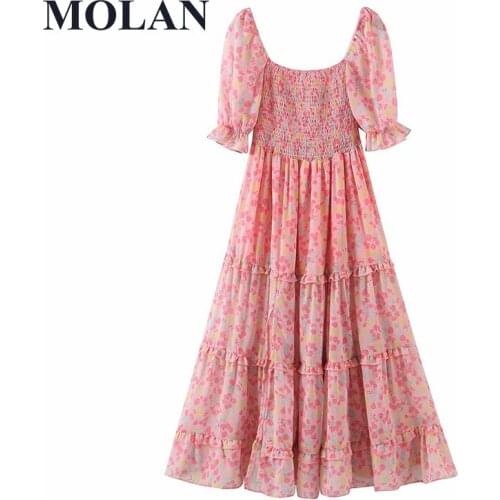 Woman Vintage Cute Sweet Dresses Puff Sleeve Square Collar Pleated Crushed Flower Princess Sexy Solid Female Dress