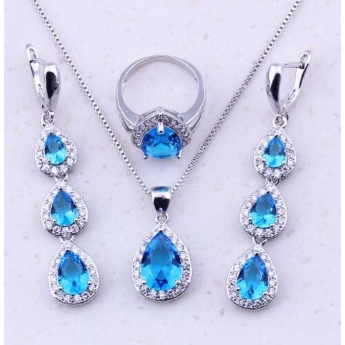 Stunning Sky Blue Crystal Cubic Zircon Sterling Water Drop Jewelry Sets For Women Party Fashion Jewelry J0025