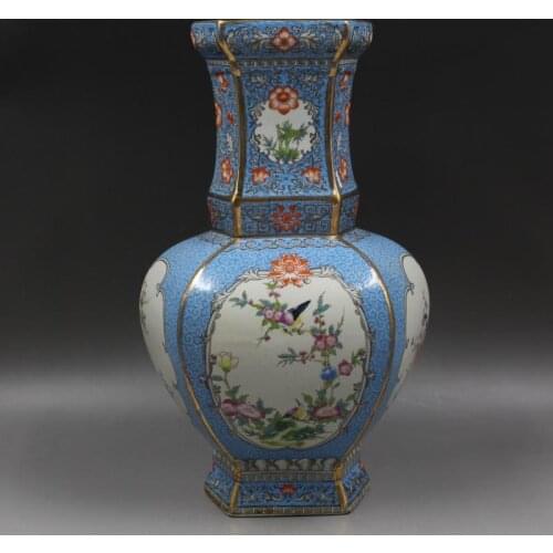 Qing qian long year mark blue enamel hexagon flower vase Home Furnishing antique porcelain ornaments antiques boutique