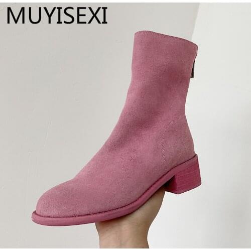Pink Natural Suede Leather 4.5cm Med Heels Winter Zipper in Behind Women Winter Shoes Chunky Heel Ankle Boots XL14 MUYISEXI