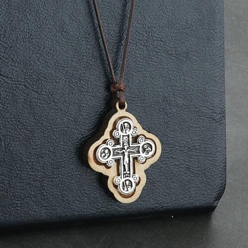 Russian Orthodox ICXC Wooden Saint Cross Pendant Necklaces for Men Adjustable Leather Rope Chain Necklace Religious Jewelry