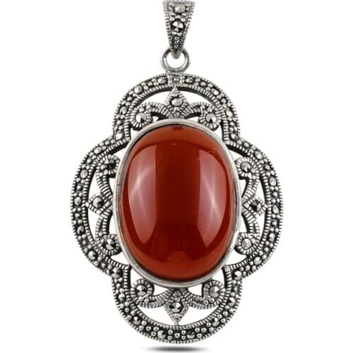 Silver 925 Sterling Red Agate & Marcasite Pendant