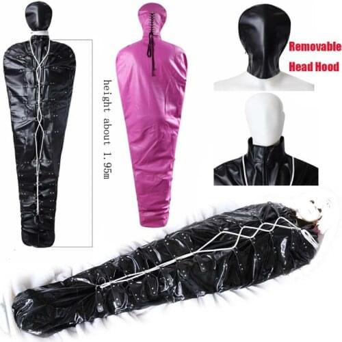 Unisex Leather Full Body Binder Mermaid Mummy Bondage Sleeping Bag Sack Removable Head Hood Slave Binding Catsuit Exotic Sex Toy