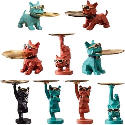 Resin Bulldog Figurine Storage Tray Animal Statue Candy Earrings Key Holder Dish Home Table Decor